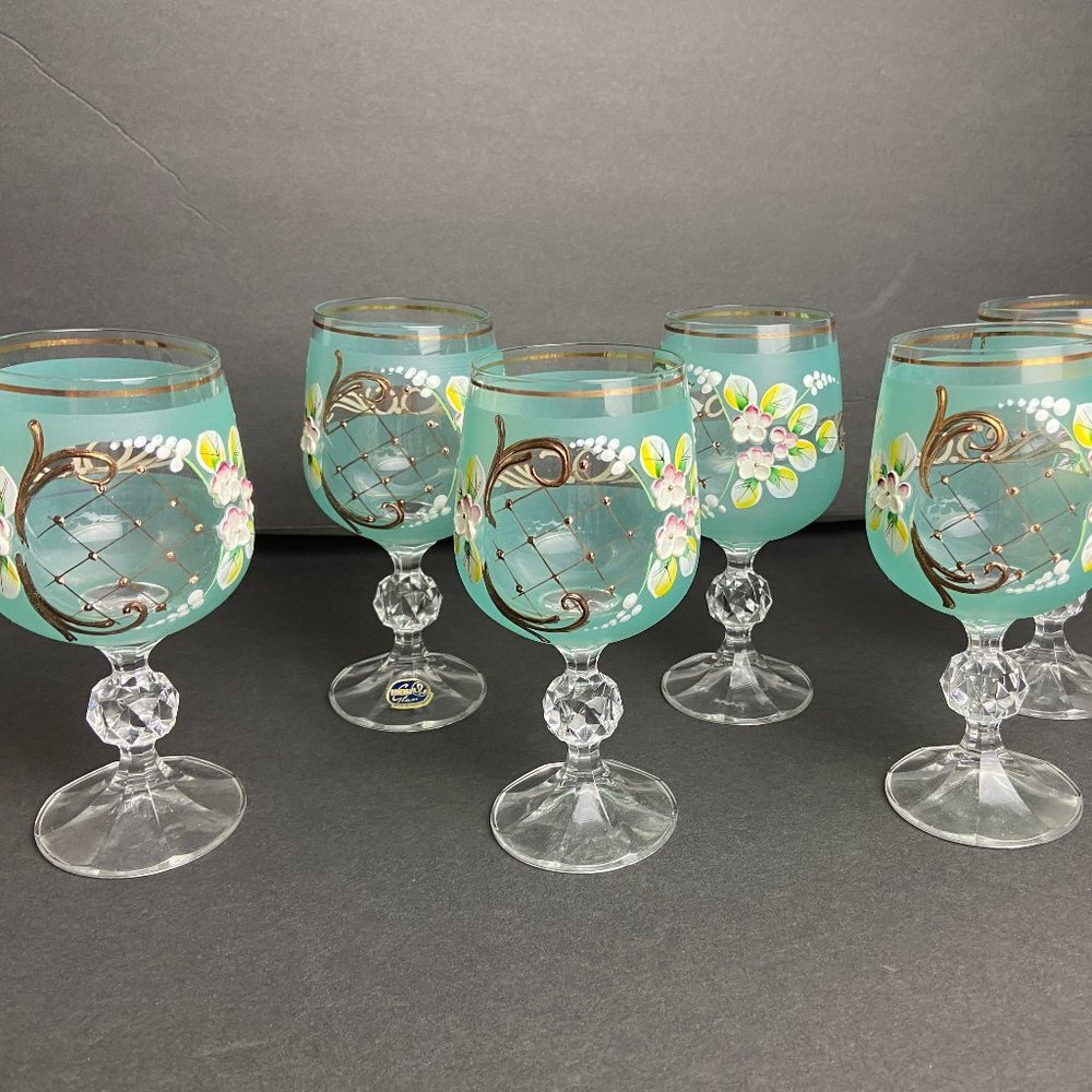 Bohemia Set of 6 Wine Crystal Glasses Hand painted Flowers Modeling Aqua